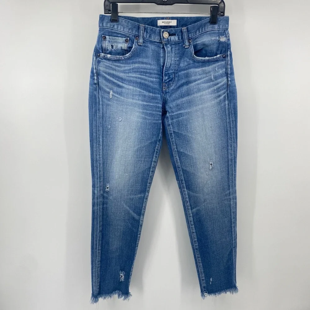 Moussy Vintage Jeans Womens 27 Blue Distressed Raw Hem Tapered Made in Japan